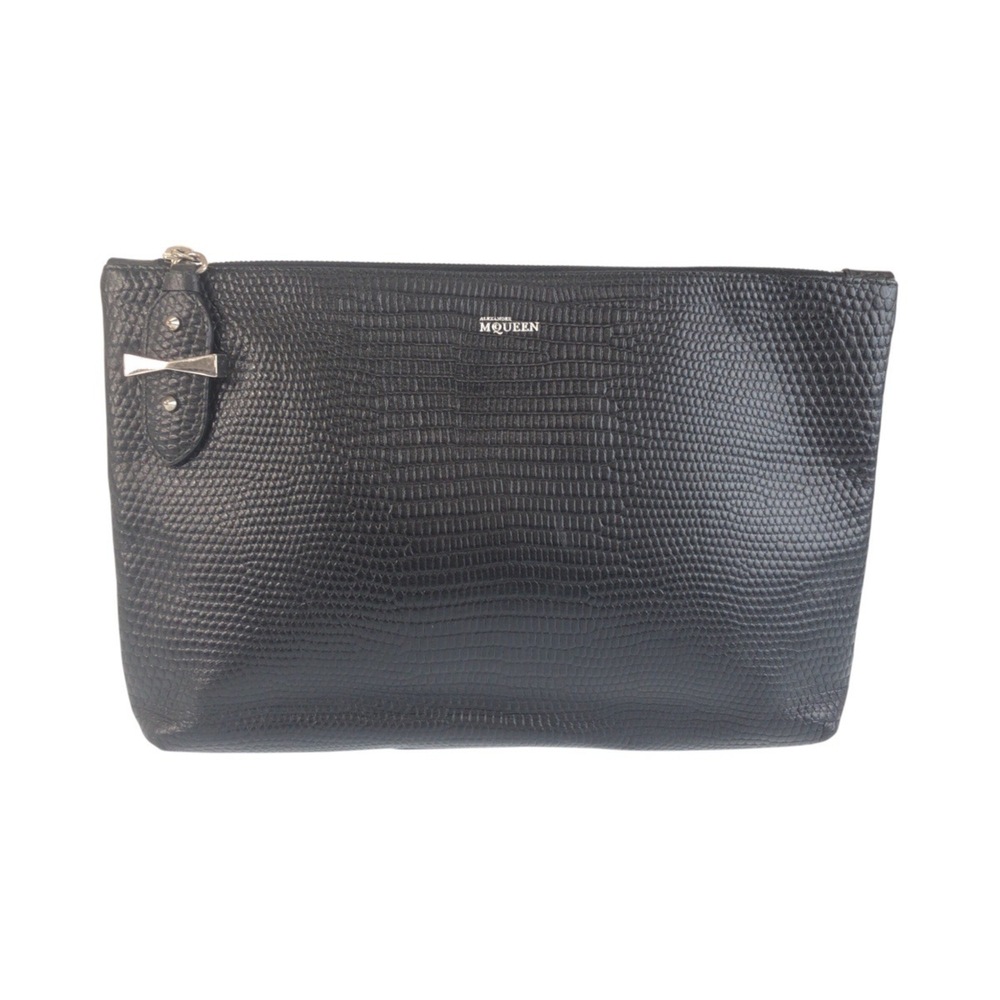 Alexander McQueen embossed black leather clutch bag with silver hardware for ...
